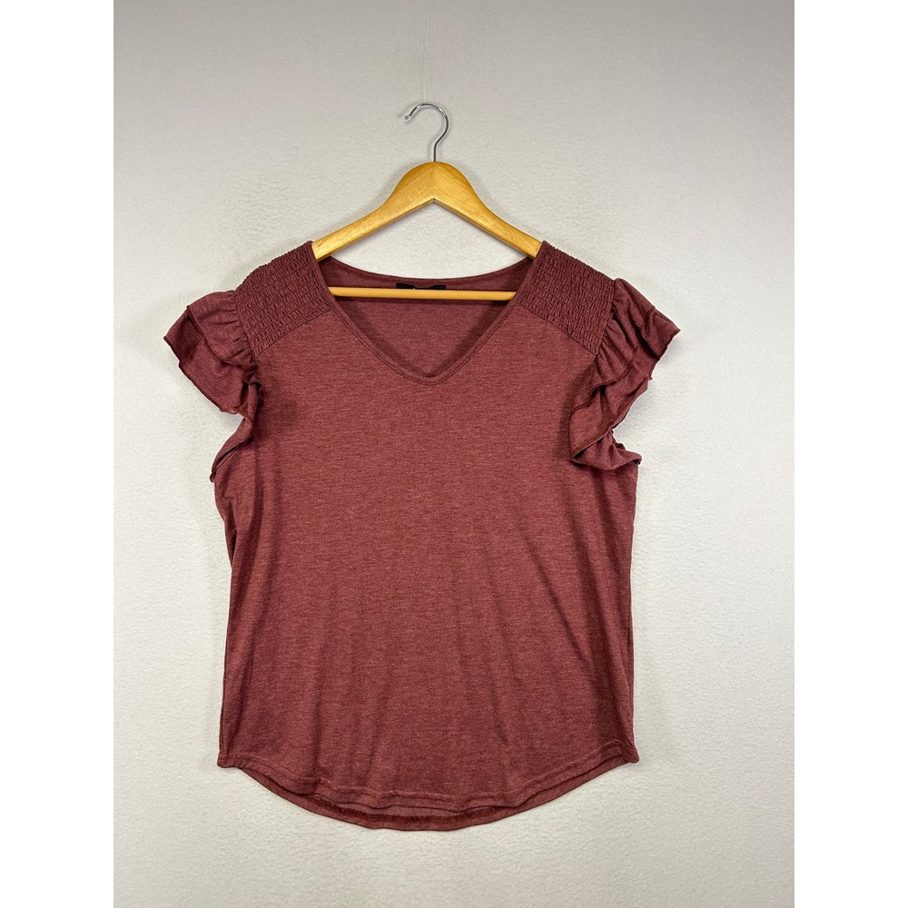 Boho Romantic Dokotoo Women Large Burgundy Ruffle Sleeve Smocked V-Neck Top